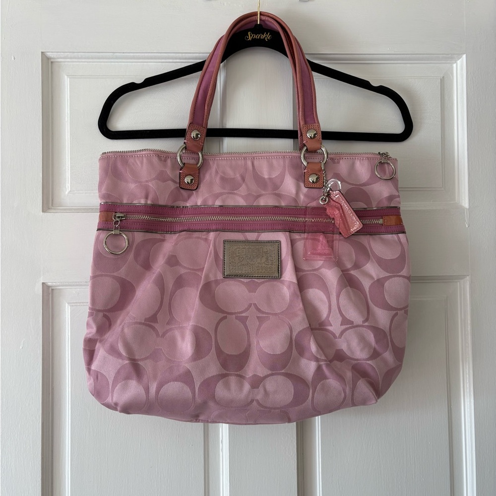 Coach Pink Signature Tote with Leather Trim
